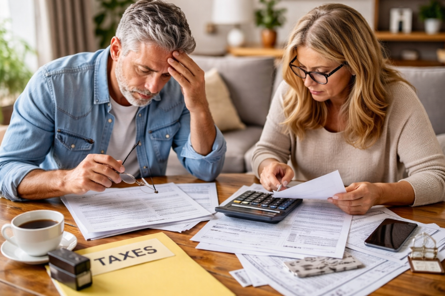 Couple reviewing tax paperwork at a table during tax season