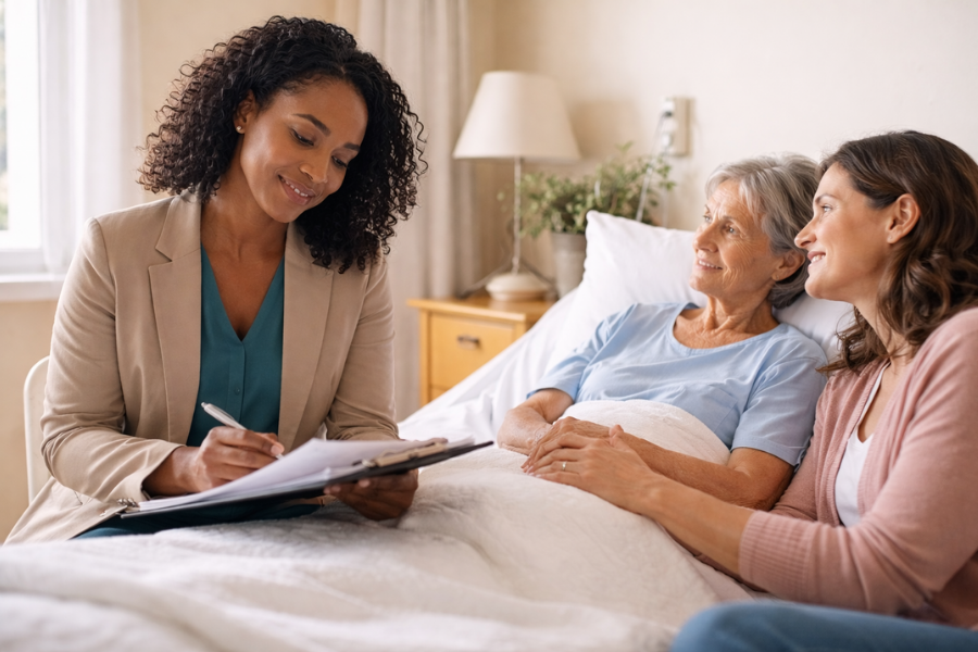 Person of color mobile notary reviewing hospice paperwork respectfully with patient and family in Pittsburgh