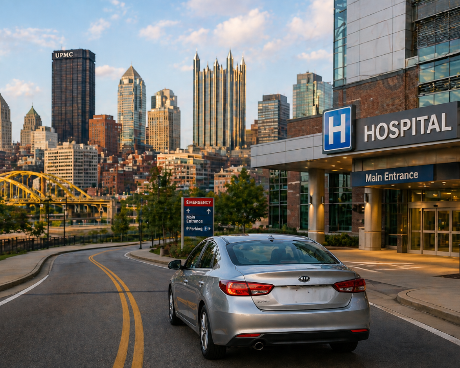 Mobile notary traveling to a hospital in Pittsburgh for a scheduled appointment